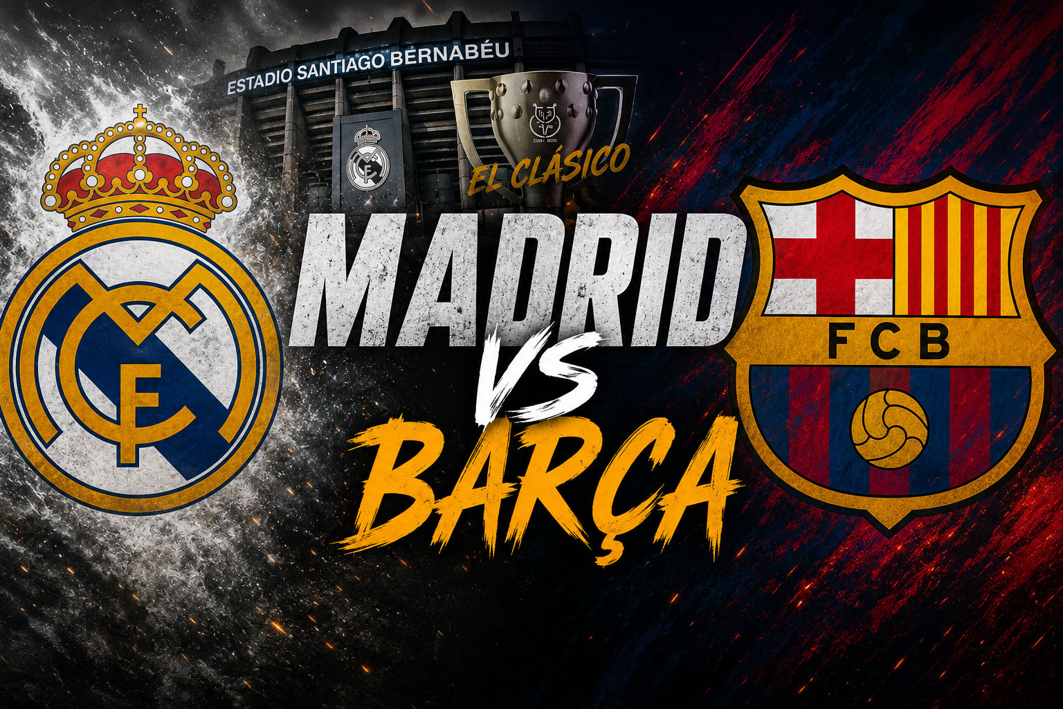 Diseño gráfico de El Clásico con los escudos del Real Madrid y FC Barcelona y el estadio Santiago Bernabéu de fondo.