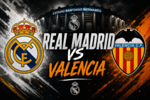Diseño gráfico de Real Madrid vs Valencia CF con los escudos de ambos equipos y el estadio Santiago Bernabéu de fondo.
