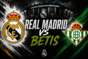 Diseño gráfico del partido entre Real Madrid y Real Betis con los escudos de ambos equipos y el estadio Santiago Bernabéu de fondo.