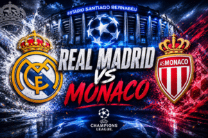 Diseño gráfico de la UEFA Champions League entre Real Madrid y AS Monaco con los escudos de ambos equipos, el estadio Santiago Bernabéu y elementos visuales de la competición europea.