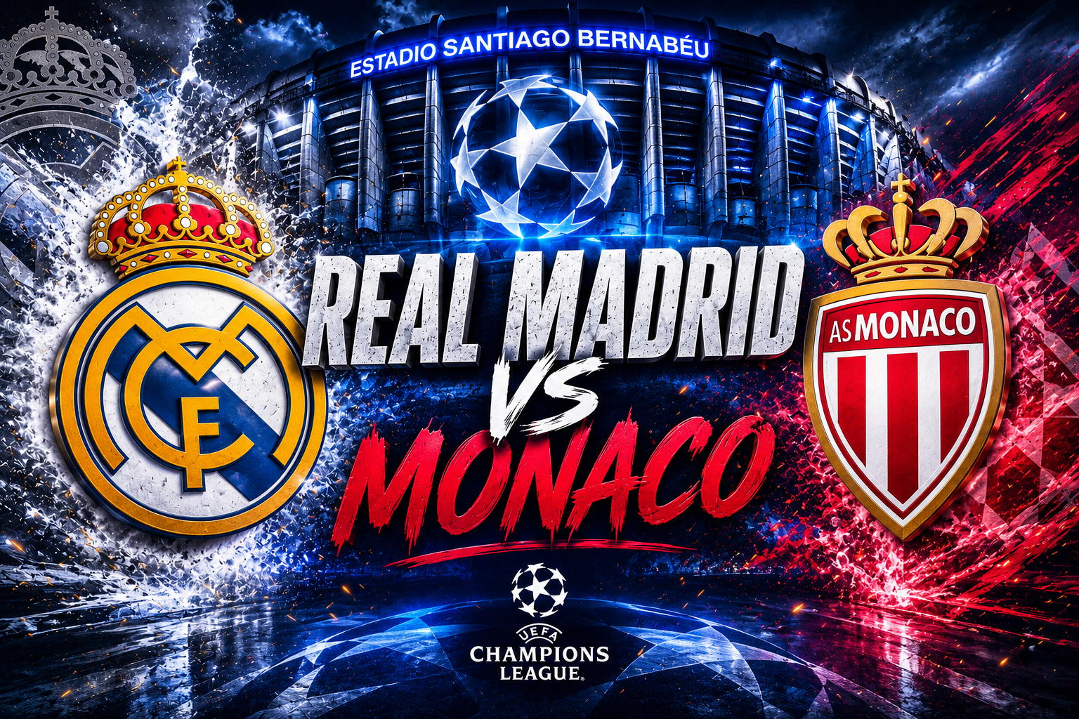Diseño gráfico de la UEFA Champions League entre Real Madrid y AS Monaco con los escudos de ambos equipos, el estadio Santiago Bernabéu y elementos visuales de la competición europea.