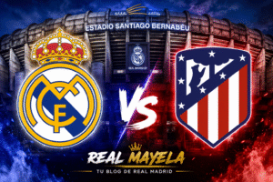 Escudos del Real Madrid y Atlético de Madrid frente al estadio Santiago Bernabéu en la previa de un derbi madrileño de LaLiga.
