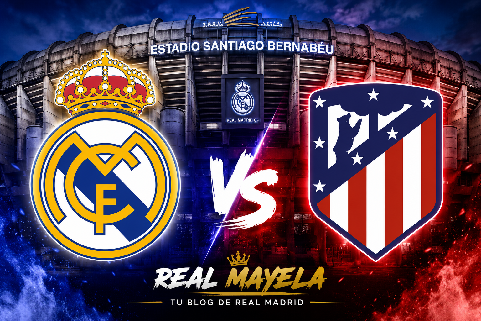 Escudos del Real Madrid y Atlético de Madrid frente al estadio Santiago Bernabéu en la previa de un derbi madrileño de LaLiga.