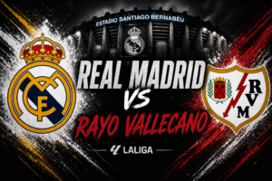 Diseño gráfico de Real Madrid vs Rayo Vallecano con los escudos de ambos equipos y el estadio Santiago Bernabéu de fondo.