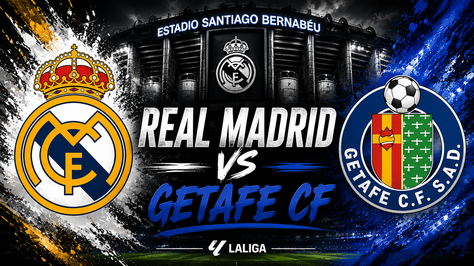 Diseño gráfico de Real Madrid vs Getafe CF con los escudos de ambos equipos y el estadio Santiago Bernabéu de fondo.
