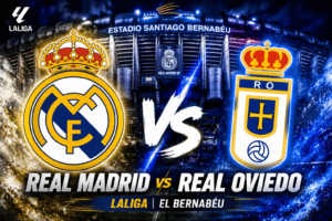 Escudos del Real Madrid y Real Oviedo frente al estadio Santiago Bernabéu en un partido de LaLiga.