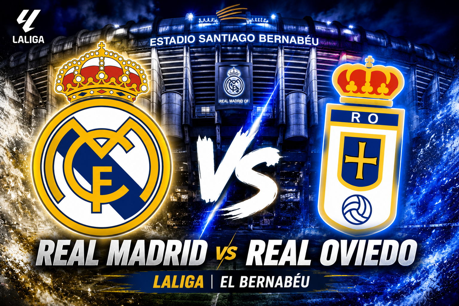 Escudos del Real Madrid y Real Oviedo frente al estadio Santiago Bernabéu en un partido de LaLiga.