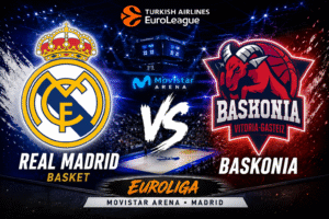 Escudos del Real Madrid Baloncesto y Baskonia en el Movistar Arena durante un partido de la Euroliga.