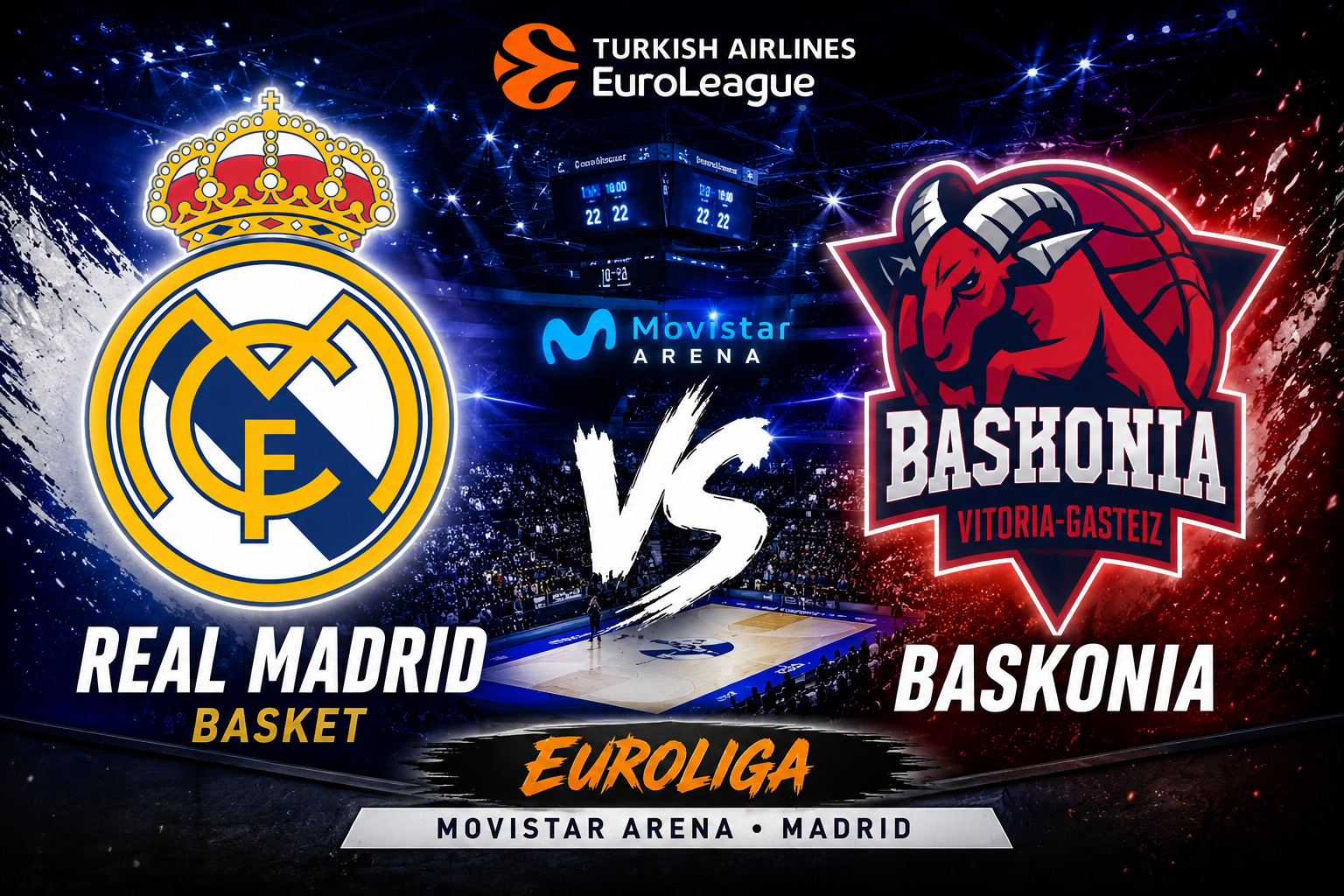 Escudos del Real Madrid Baloncesto y Baskonia en el Movistar Arena durante un partido de la Euroliga.