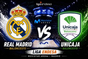 Escudos del Real Madrid Baloncesto y Unicaja Baloncesto en el Movistar Arena durante un partido de la Liga Endesa.