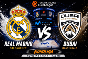 Escudos del Real Madrid Baloncesto y Dubai Basketball sobre el fondo del Movistar Arena durante un partido de la Euroliga.