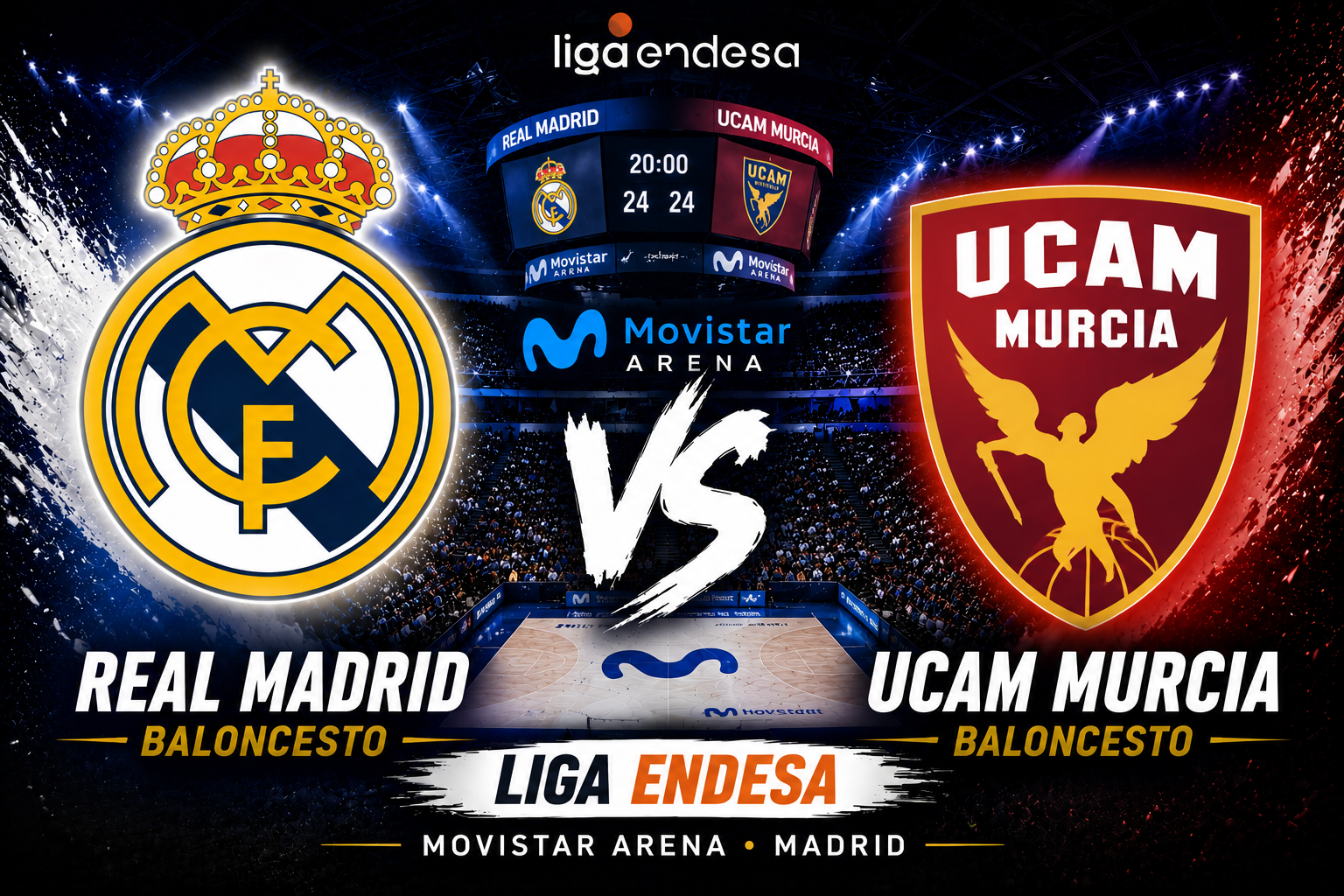 Escudos del Real Madrid Baloncesto y UCAM Murcia sobre el fondo del Movistar Arena durante un partido de la Liga Endesa.